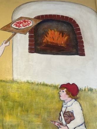 Mural detail: a pizza going into the wood-fired oven