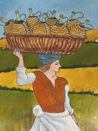 Mural detail: a basket of wine bottles carried overhead